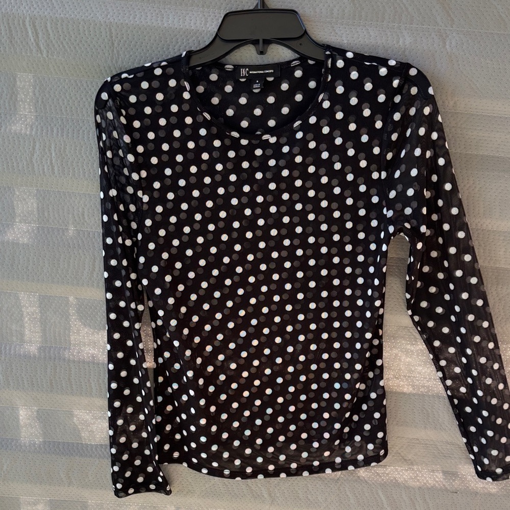 INC International Concepts Black and White Polka Dot Long Sleeve Top